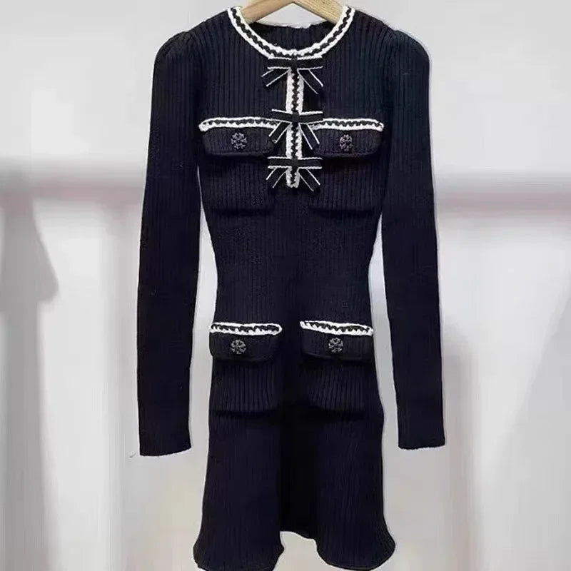Elegant Lady Long Sleeve Knit Dress Vintage Four Pocket High Waist Slim Dresses Spring  Casual O-neck Bow Vestidos for Women