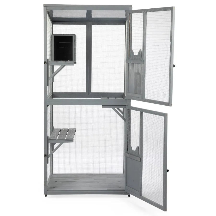 Outdoor Cat Catio on Wheels Cat Cage with Platforms and Condo Sunlight Roof Patio Cat Enclosure Gray
