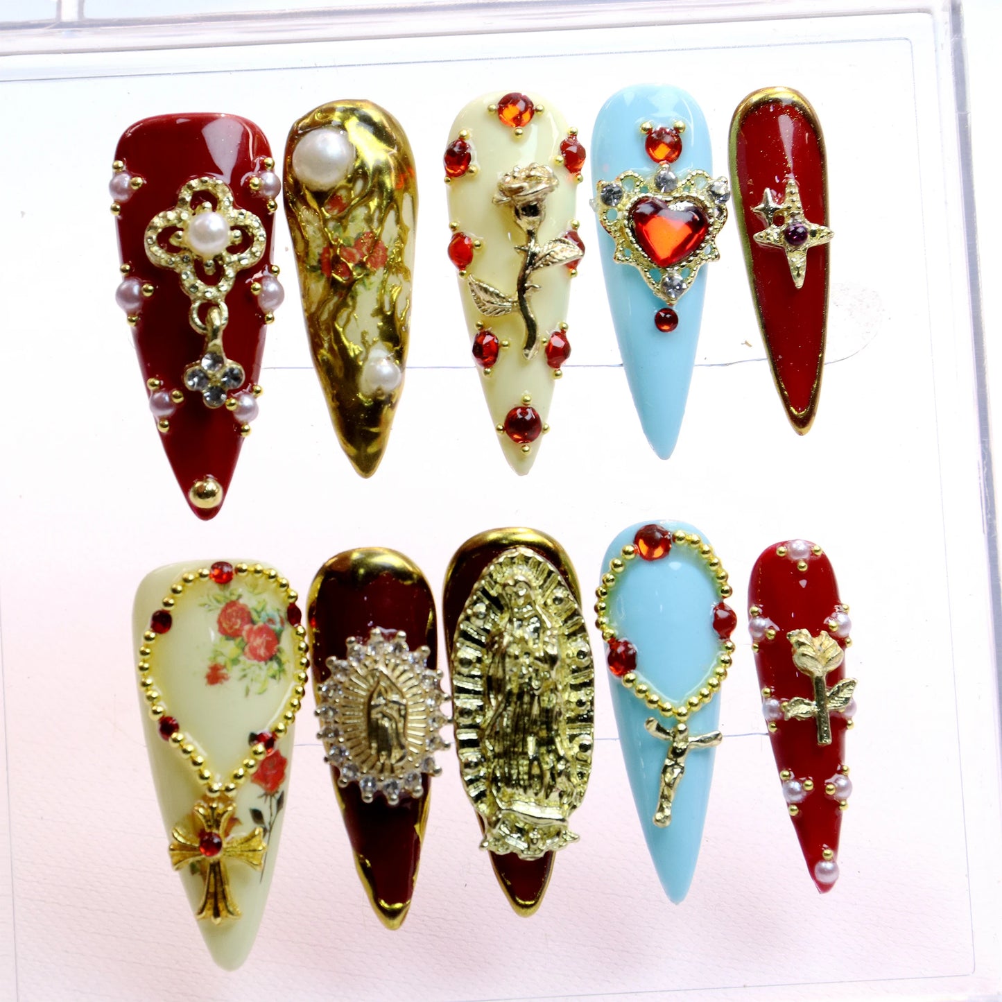 10Pcs Elegant Virgin Mary Cross Press On Nails Custom Handpainted Almond Nail,luxury Design Nail Art for Birthday Holiday Gift