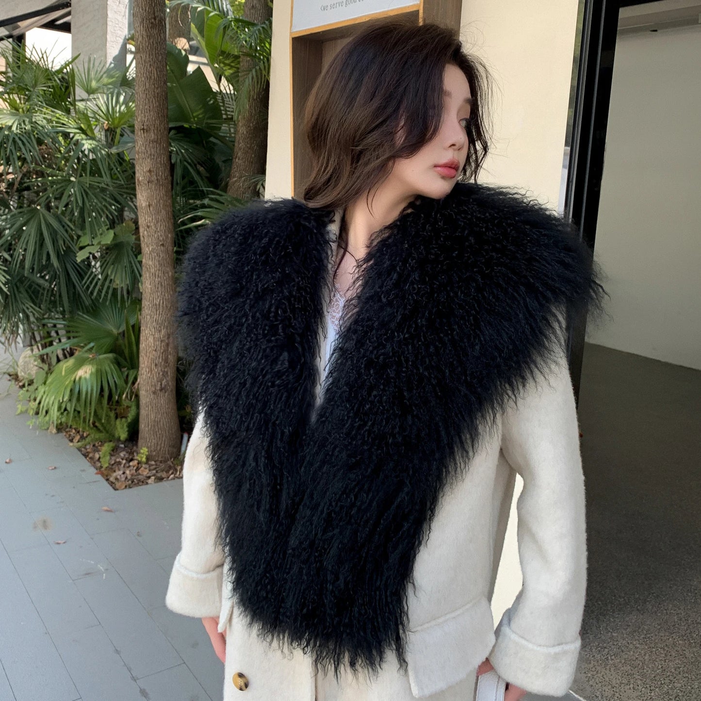 Real Mongolian Sheep Fur Shawl Real Fur Scarf Laarge Fluffy Thick Winter Scarves Woman Fashion Coat Collar Overcoat Accessories
