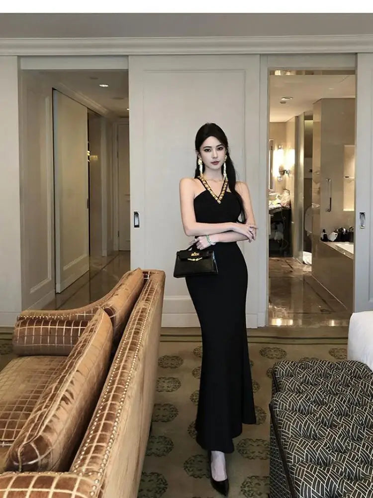 Vintage Women's Black V-neck Sequin Off Shoulder Sleeveless Backless Halter Dress Summer Sexy Club Party Elegant Long Dres Trend