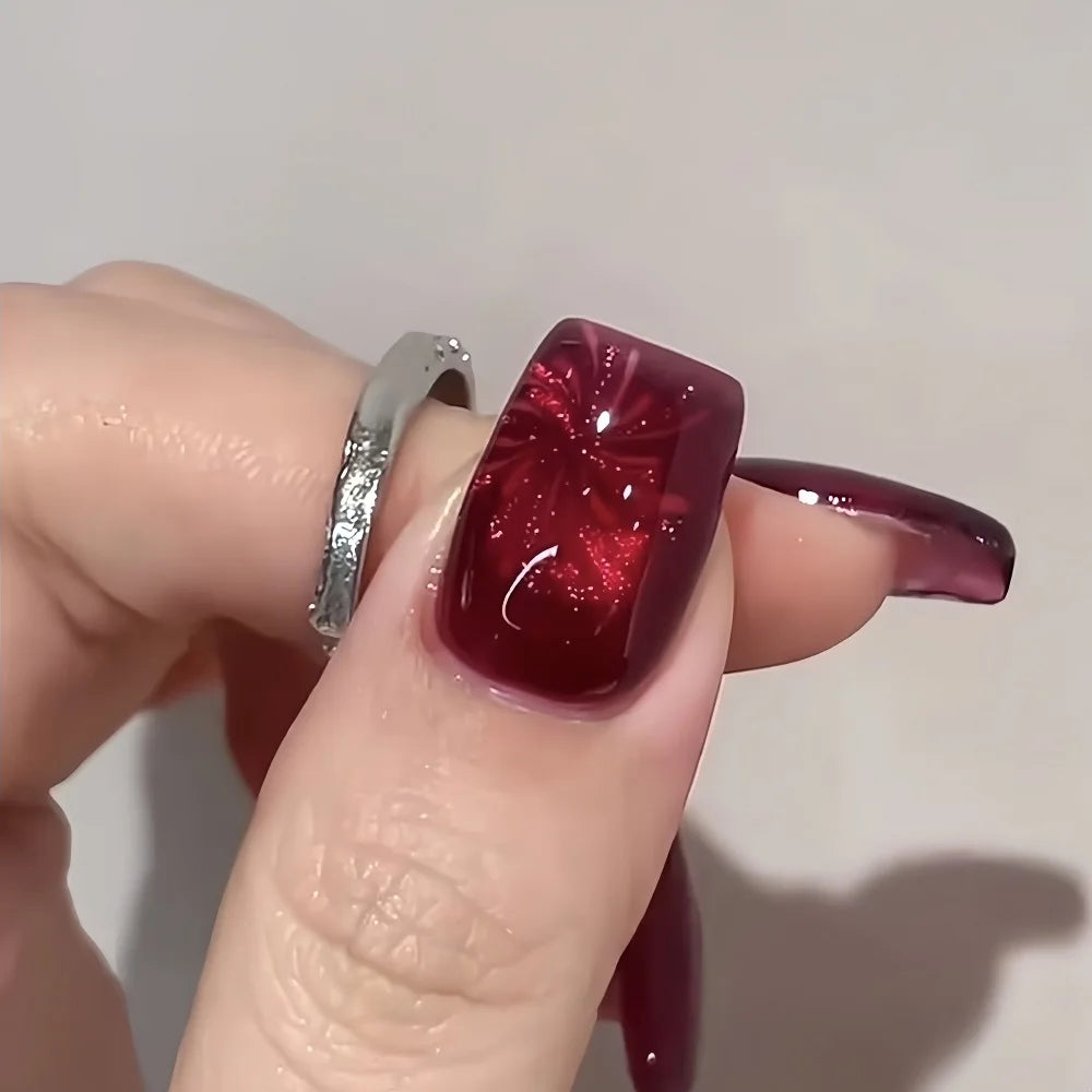 10pcs Glossy Red Gradient Fake Nails Set Press On Nails Tips Solid Color  Removable Artificial Nails Decoration Nail Art Set