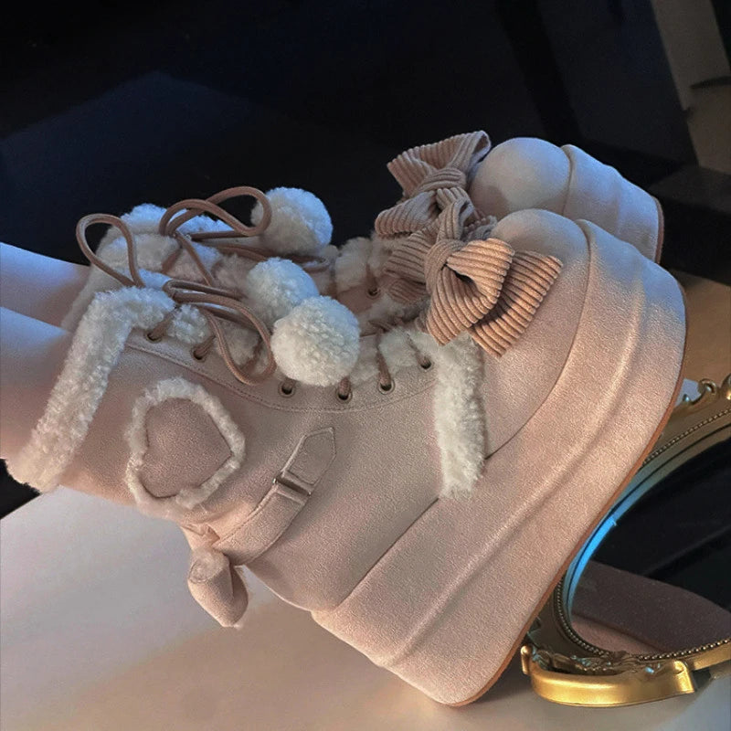 Manufacturer   Sweet Winter Girls Lolita Mid-Calf Snow Boots,Cute Female Students Plush Warm Bowknots Lace Up Wedge Heel Heightening Shoes   boots