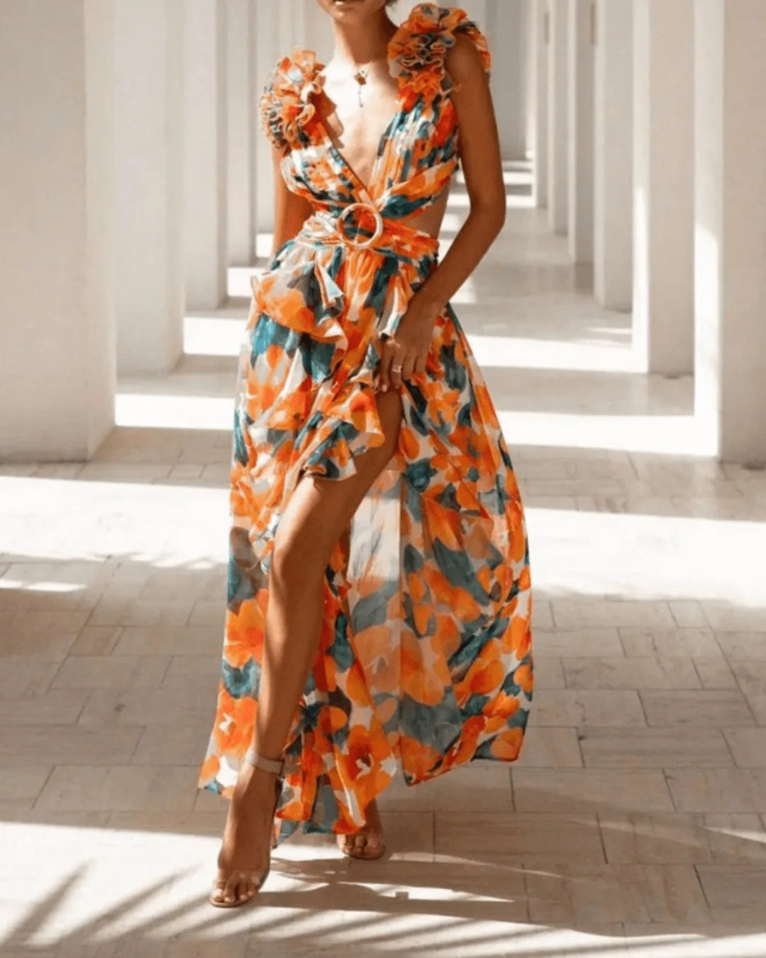 Syiwidii  New Lady Beach Print Ruffles Hollow Out Long Dresses Women Sexy Backless Sleeveless Lace Up High Waist Split Dress