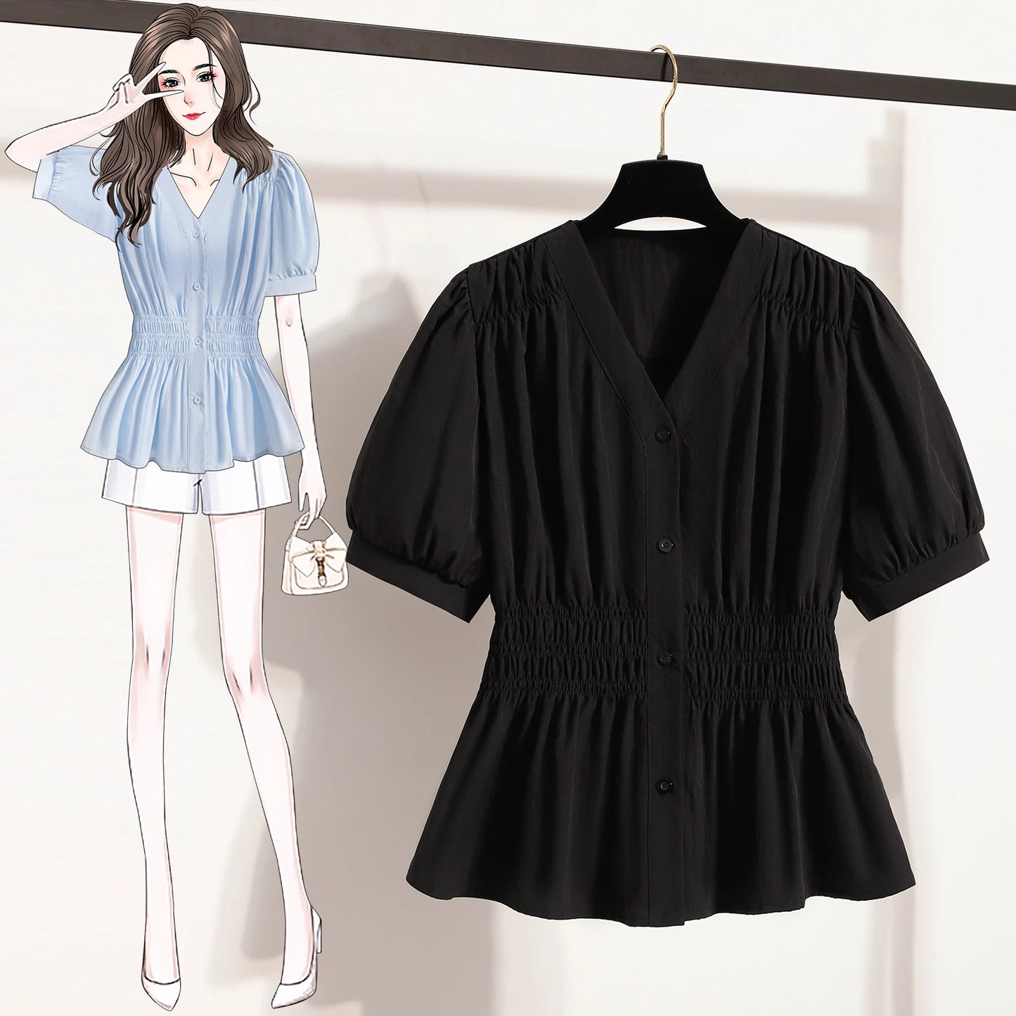Plus Size Chiffon Blouse Women Summer New Fashionable V Neck Short Sleeve Big Size Women Tops Elastic Waist Shirts Blouses  dress