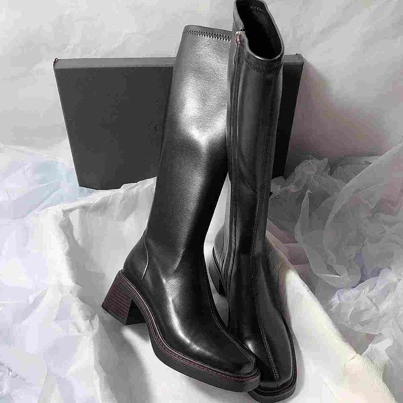 Manufacturer   Vintage Thick Heel Women Knee High Boots Fashion Side Zippers Shoes Autumn Winter Ladies Concise Long Botas De Mujer   boots