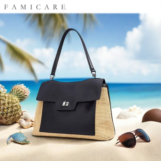 Summer Women's Raffia Woven Tote Bag Split Leather Crossbody Straw Messenger Bag Grass Weaving Shoulder Bag for Ladies New
