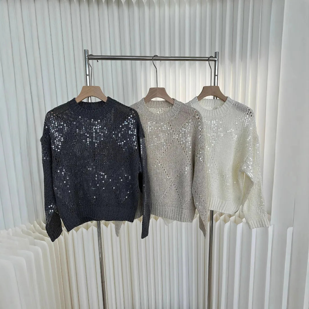 Spring And Summer Ladies New Heavy Embroidery Sequin Top Lazy Style Loose Hollow Pullover Knitted Sweater