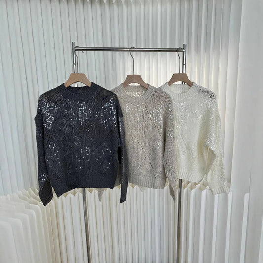 Spring And Summer Ladies New Heavy Embroidery Sequin Top Lazy Style Loose Hollow Pullover Knitted Sweater