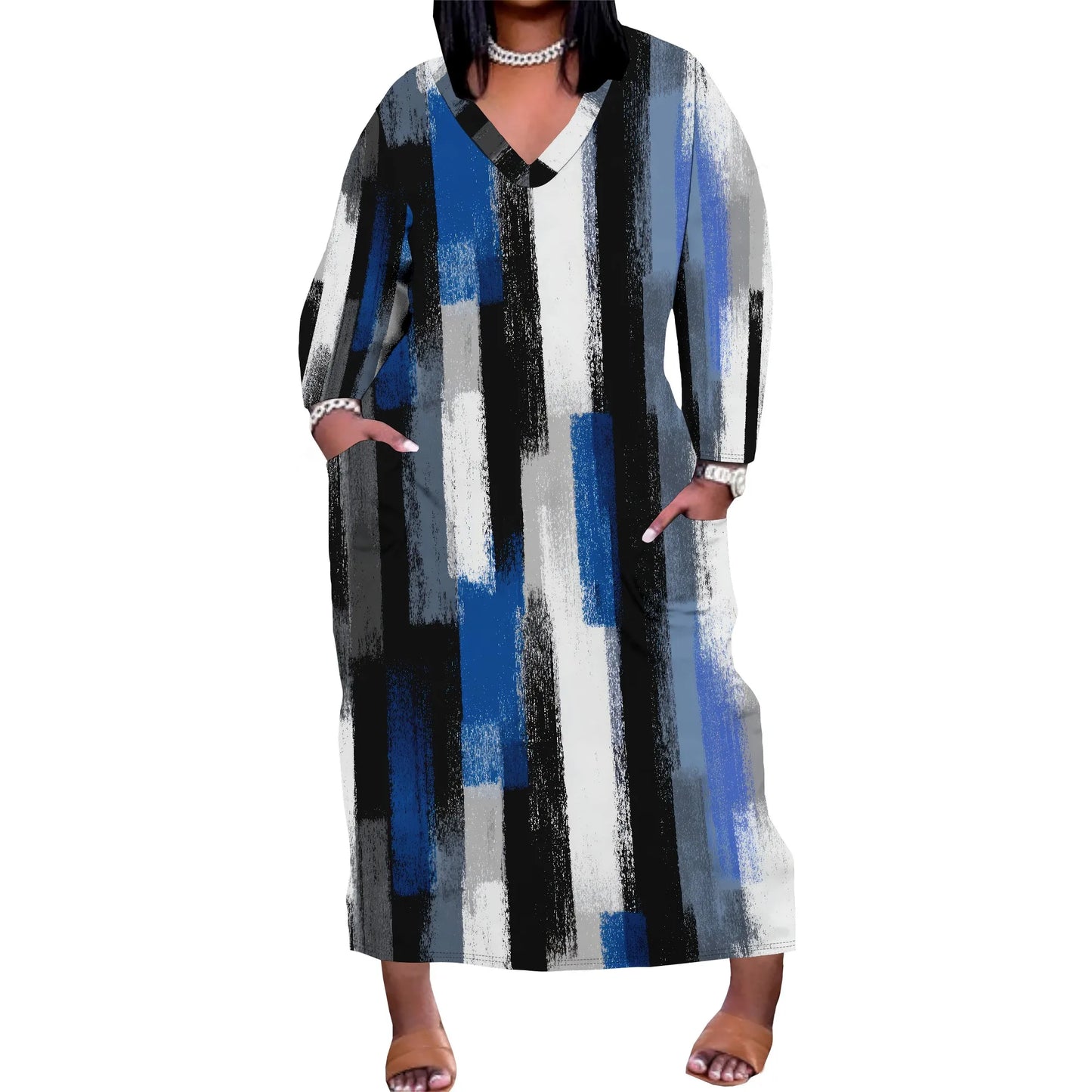 Oversized Baggy Summer Womens Print Dresses Sexy Casual T-Shirt V Neck Long Sleeve Maxi Dress with Pocket