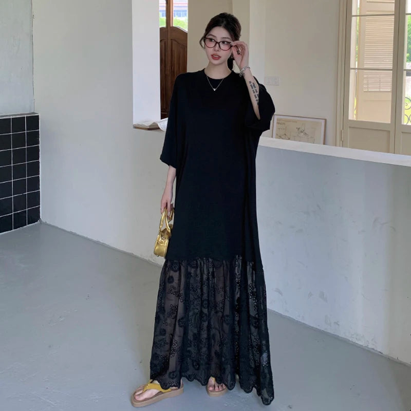 NYFS Korean Style Women's Summer Loose plus Size Patchwork Embroidery hollow lace Hem Short Sleeve Long Dress Robe Elbise