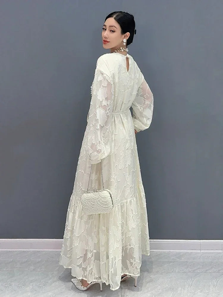 Gauze Patchwork Print Dresses Solid Color Pullover Long Sleeve Loose Fashion Temperament Dress  Spring New