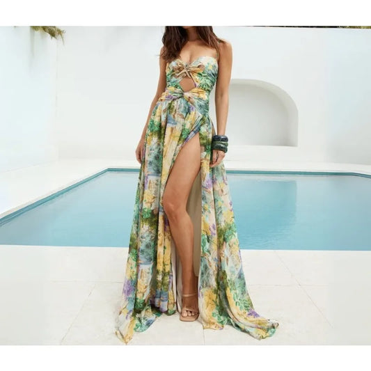 One Piece Floral Swimsuits Women Maxi Dress Print Starfish Brooch Swimwear With Skirt Vacation Bathing Suit Summer Outfit