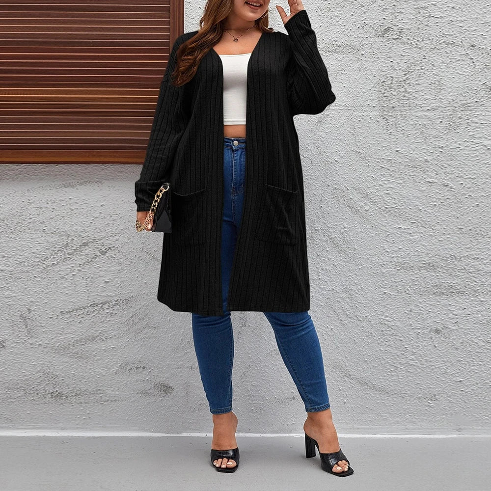 Plus Size Women's Solid Ribbed Long Sleeve Pockets Cardigan Tops Spring Autumn Ladies Casual Coatigan Outwear Size 1XL-5XL  coat