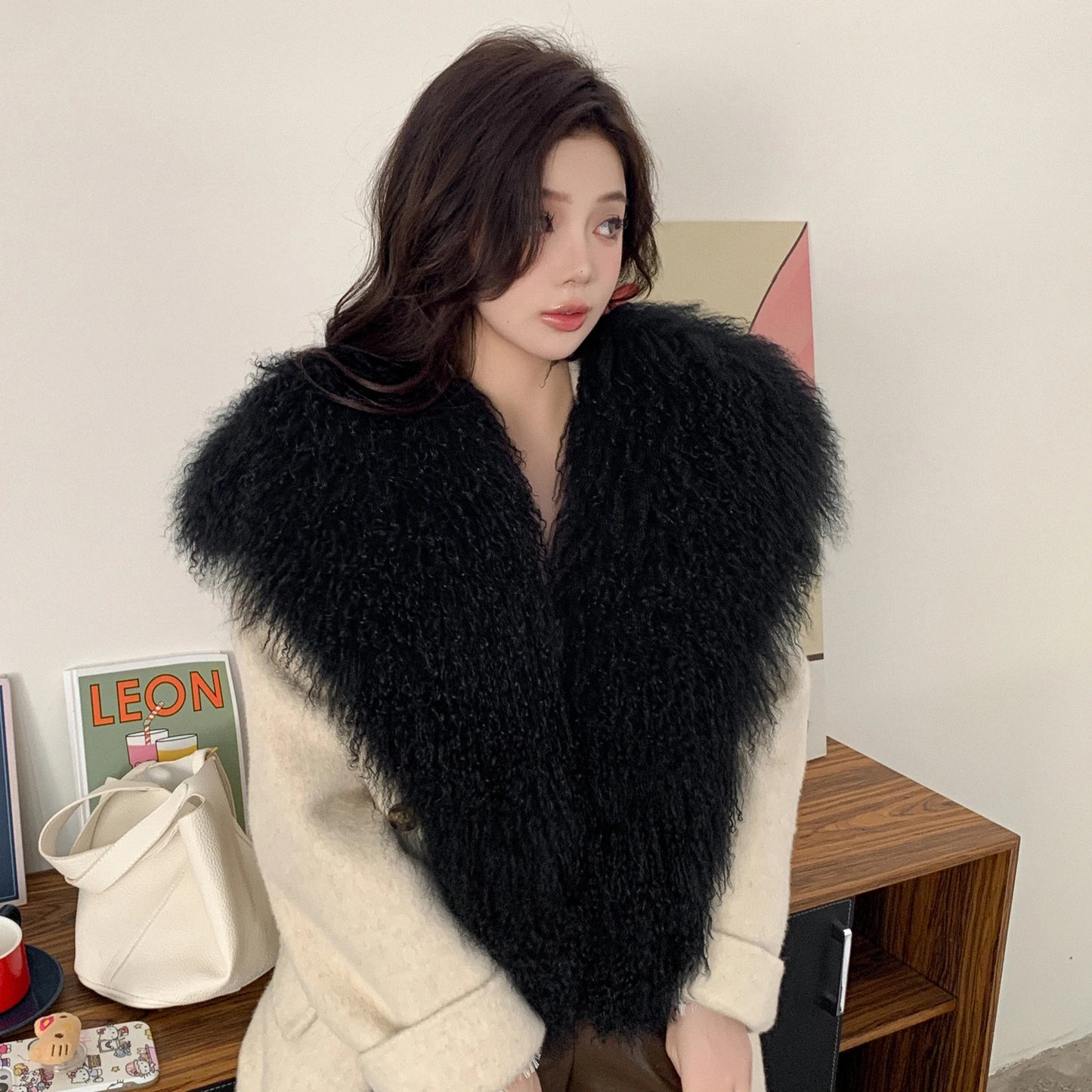 Real Mongolian Sheep Fur Shawl Real Fur Scarf Laarge Fluffy Thick Winter Scarves Woman Fashion Coat Collar Overcoat Accessories