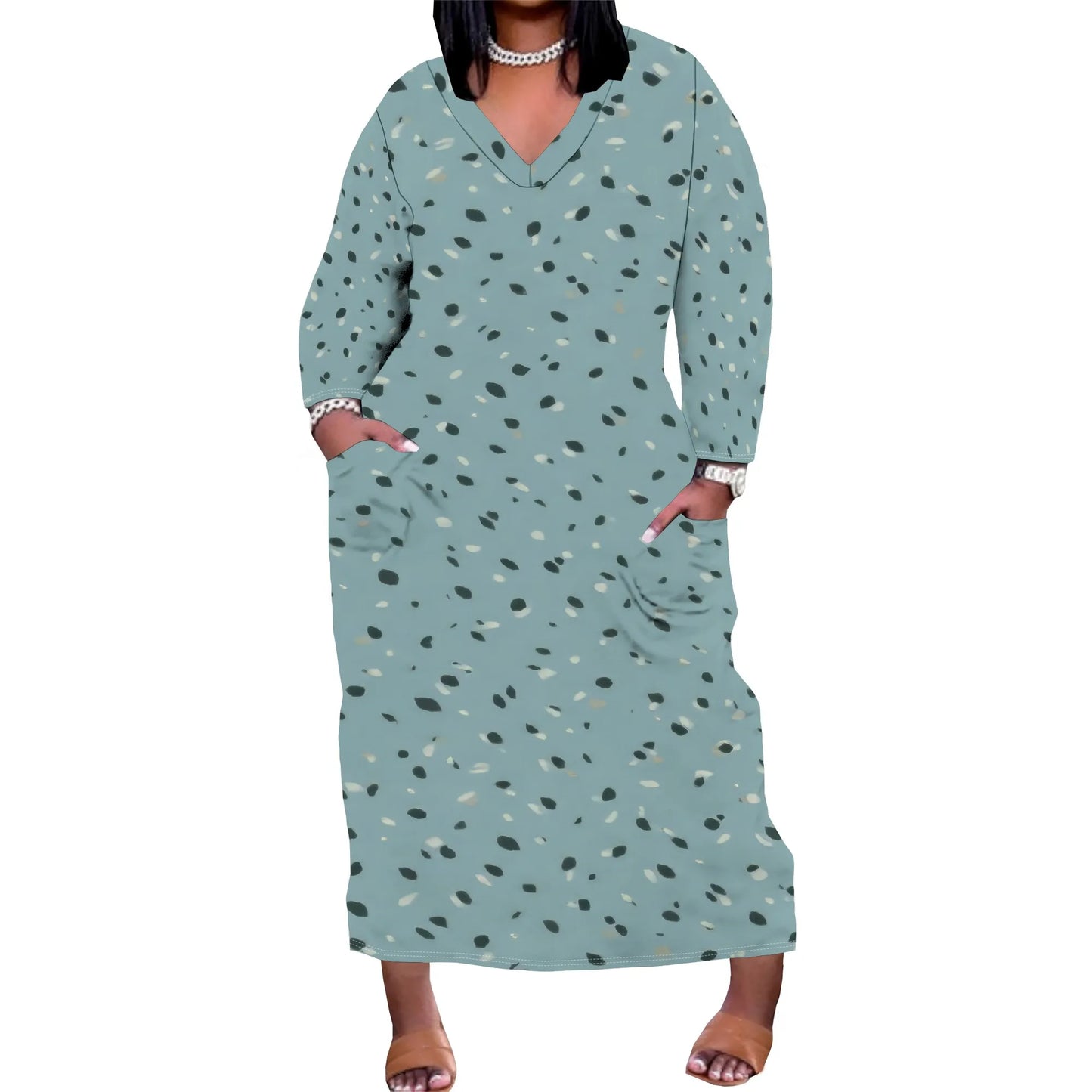 Women's Long Sleeve Plus Size Polka Dot Print Maxi Dress V Neck with Pockets Dress Loose Casual Autumn Outfit