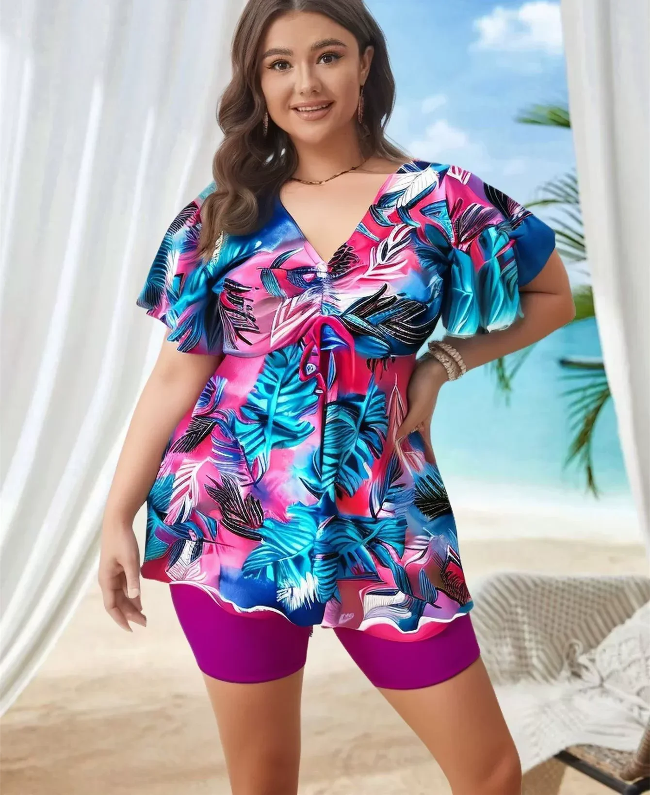 Women's Plus Size Tankini Swimsuits Two Piece Bathing Suits Printed Short Sleeve Swim Tops And High Waist Shorts Swimwear