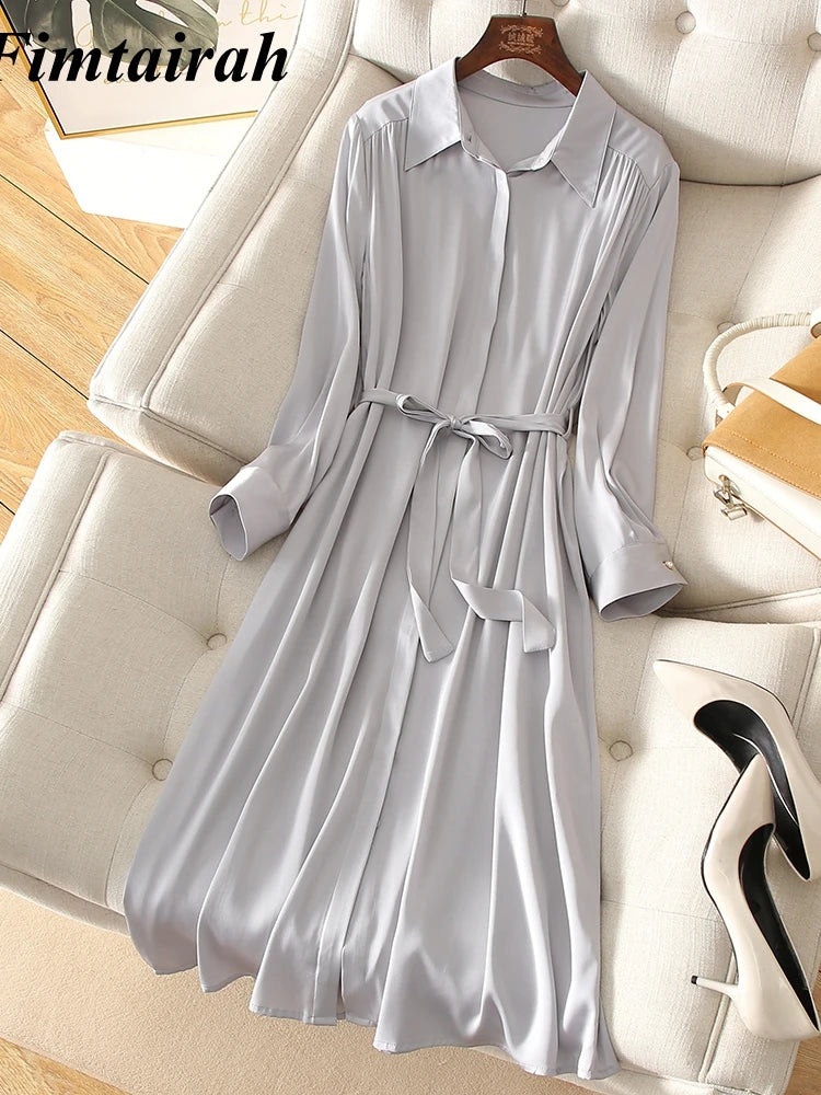 Fimtairah 6A Real Pure  silk dress Women Spring Dress sleeved    long skirt    new mulberry silk  Tops  A -line Lady Dress