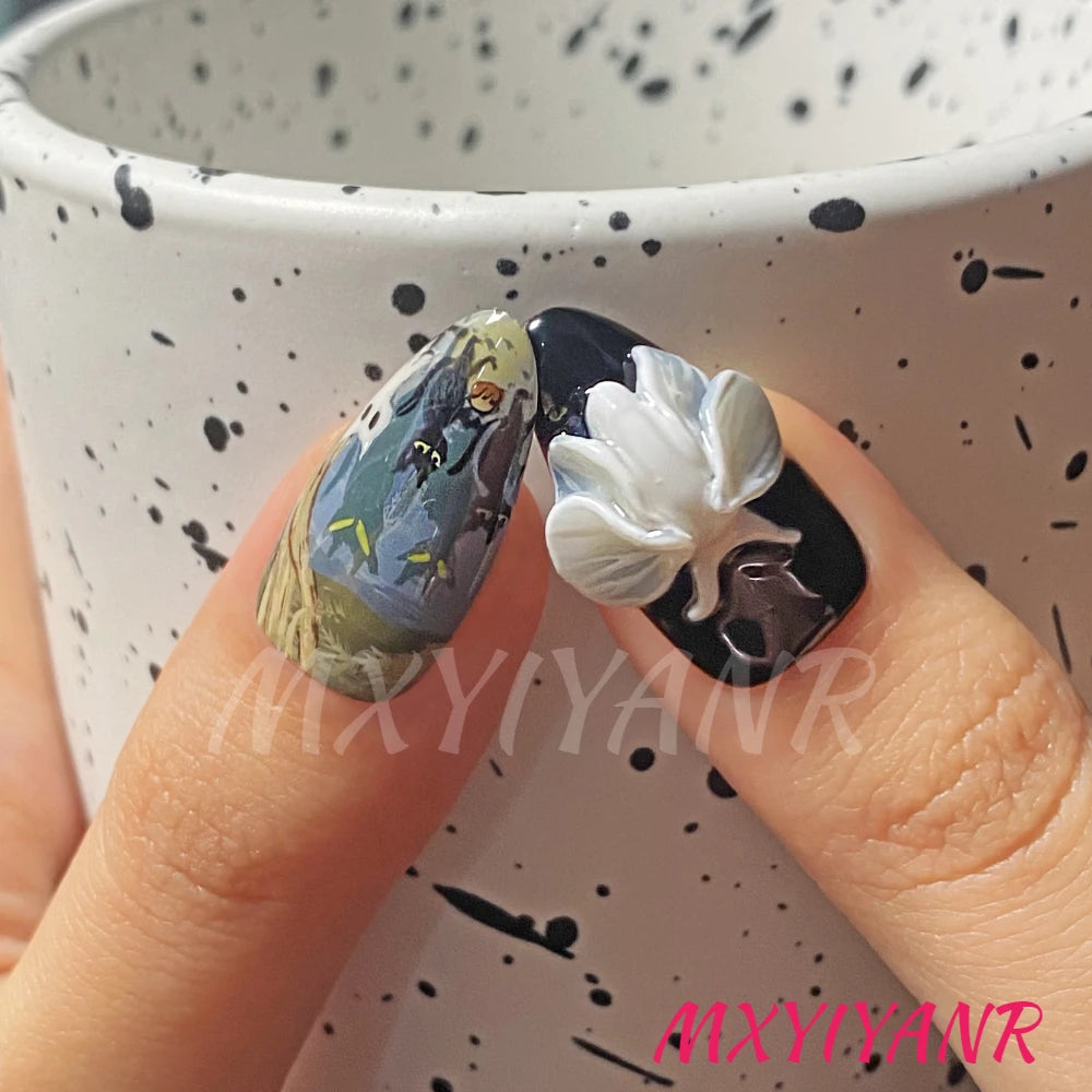 Handmade Halloween Press On Nails Black and White Combination 3D Medium Almond Fake Nails Terrifying Cat Design Art DIY Nails