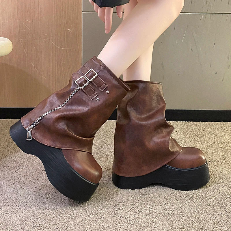 Manufacturer   Soft Leather Ankle Mid Calf Boots Winter Autumn High Platform Wedge British Booties Woman New Ladies Chunky Motorcycle Boots 9CM   boots