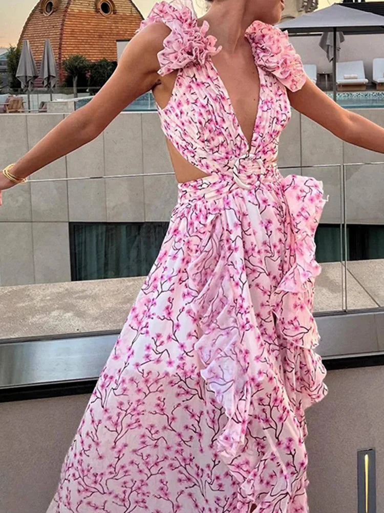 Syiwidii  New Lady Beach Print Ruffles Hollow Out Long Dresses Women Sexy Backless Sleeveless Lace Up High Waist Split Dress