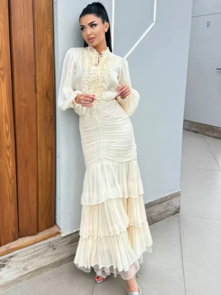 Elegant Women Dresses Ruffle Pleated Long Sleeve Lace Up Dress for Woman New Fashion Bodycon Slim Vestidos Female Party Clu