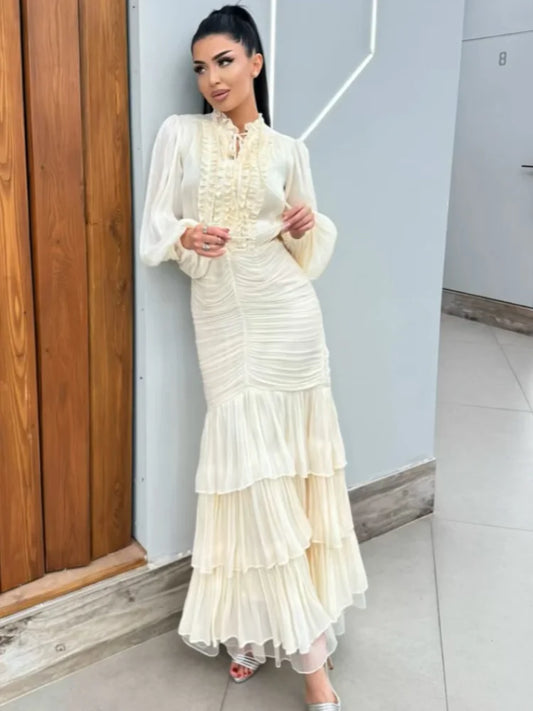 Elegant Women Dresses Ruffle Pleated Long Sleeve Lace Up Dress for Woman New Fashion Bodycon Slim Vestidos Female Party Clu