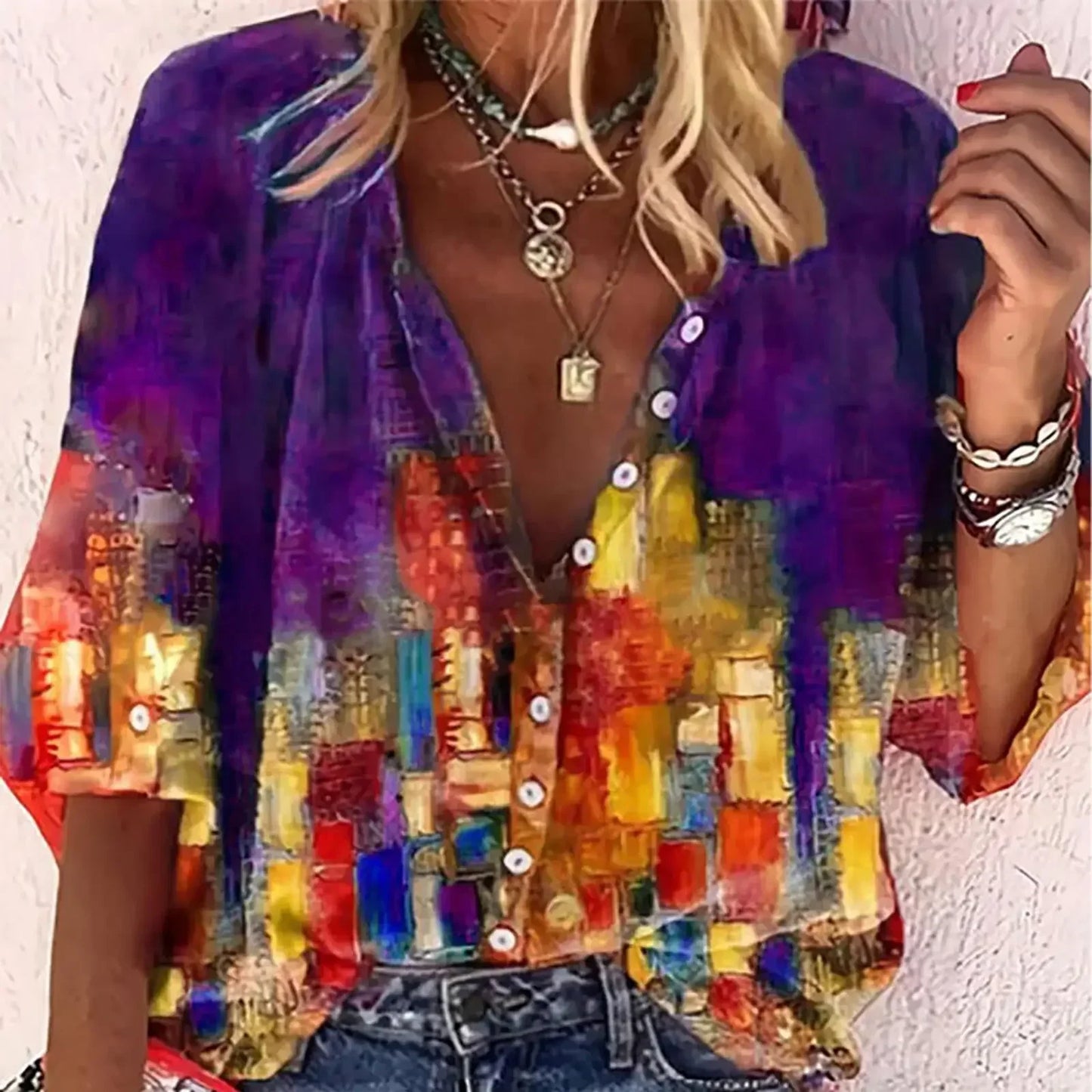 Women's Plus Size 1XL-5XL Fashion Oil Painting Print Blouse with Button Ladies Stylish and Comfortable Casual Stand Collar Shirt  t-shirts