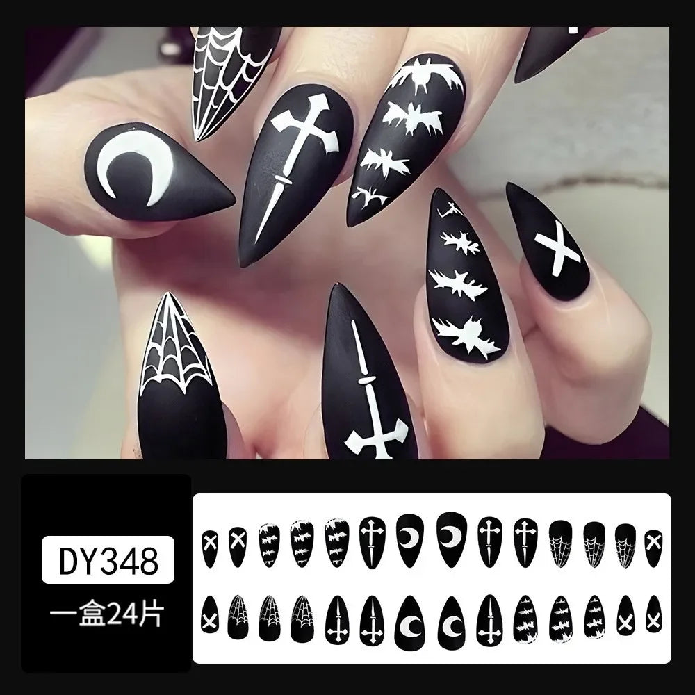 24Pcs Halloween Black Ghost Long Ballet False Nails Wearable French Ballerina Fake Nails Press On Full Cover Manicure Nail Tips