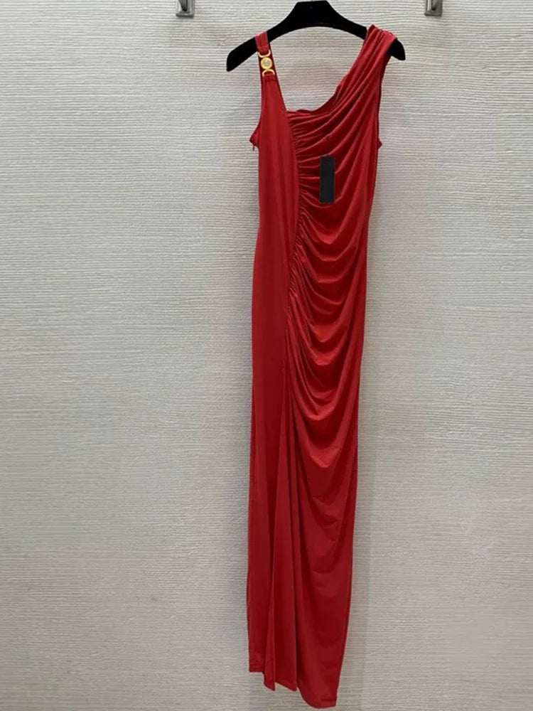 Ladies irregular pleated solid color slim high waist split temperament dress summer new metal buckle long skirt with suspenders.