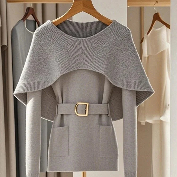 Retro Soft Knitted Sweater For Women Autumn Winter Gray Cape Sweater Elegant Commuting Pullover Top Loose Casual Outerwear