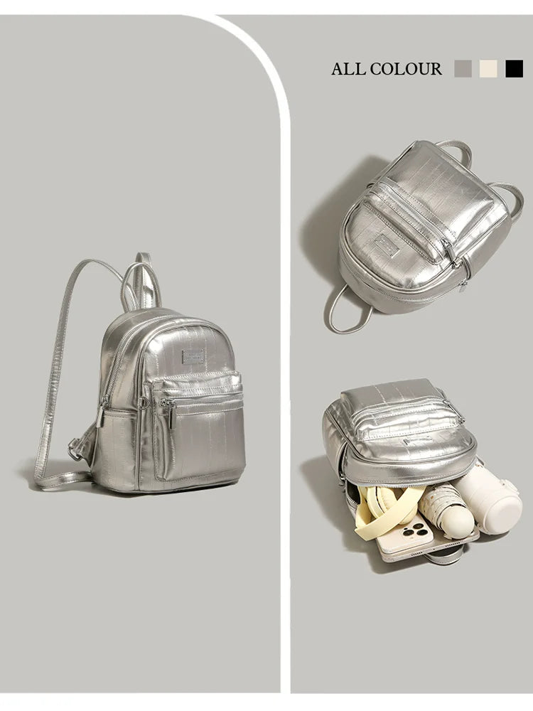 Premium Silver Backpack College Student's School Backpack Student's School Shoulder Bag Multi-Function Travel Bags Girls