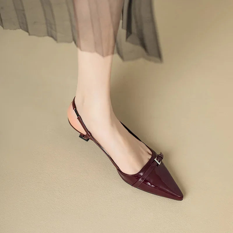 Manufacturer  New Summer French Wine Red Pointed Patent Leather Mid-heel Overhead Sandals for Women Retro Skinny Heel Back Empty Shoes   Pumps