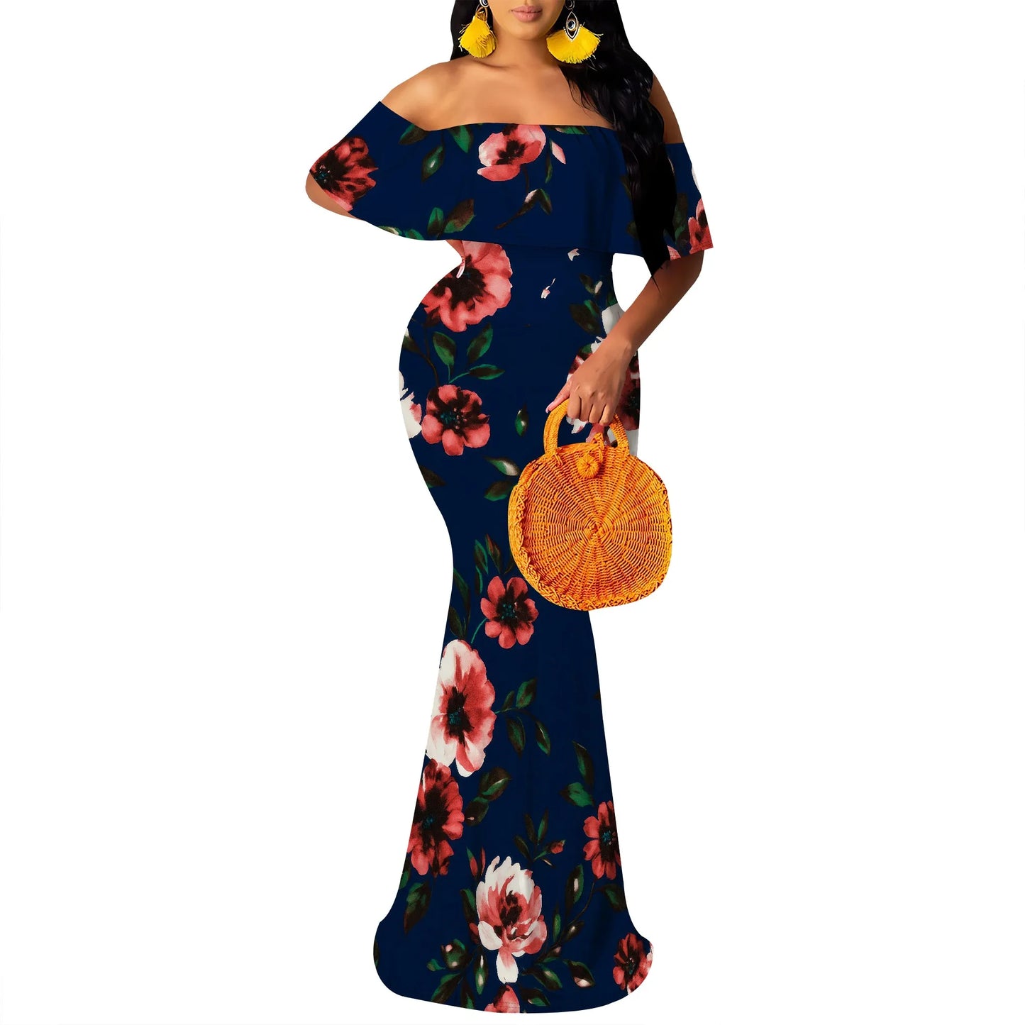 Women's Maxi Bodycon Off The Shoulder Dress Short Ruffle Sleeves Strapless Long Boho Dress Cocktail Party Wedding Dress