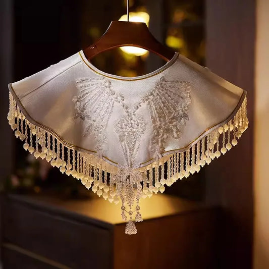 Women's Spring Summer Embroidery Luxury Beaded Tassel Pashmina Female Autumn Winter Chinese Vintage Lace White Shawl Cloak R910
