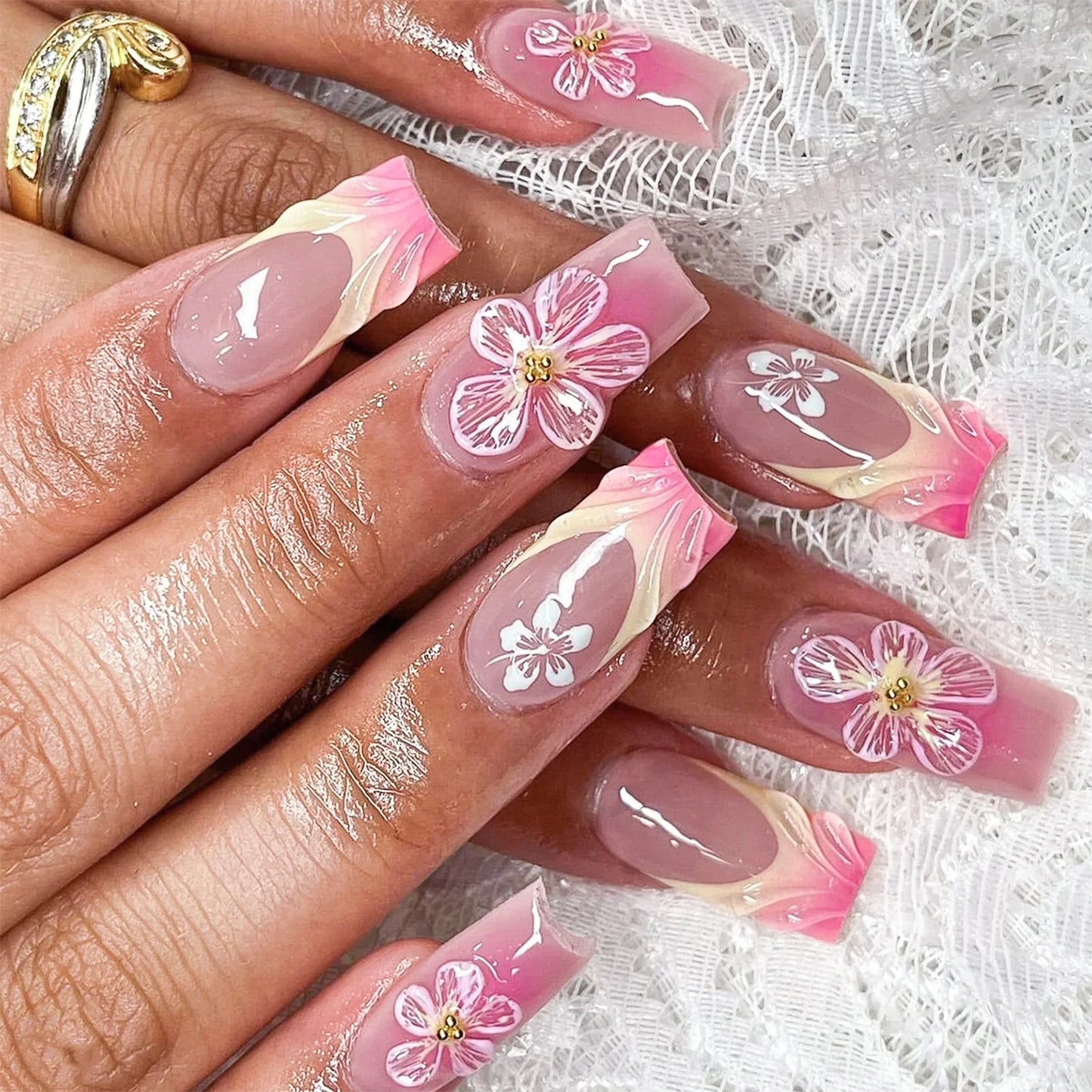 24pcs Y2k Summer Sea Blue Gradient Fake Nails With Water Ripples Designs Long Square Coffin False Nails Set Press On Nail Tips