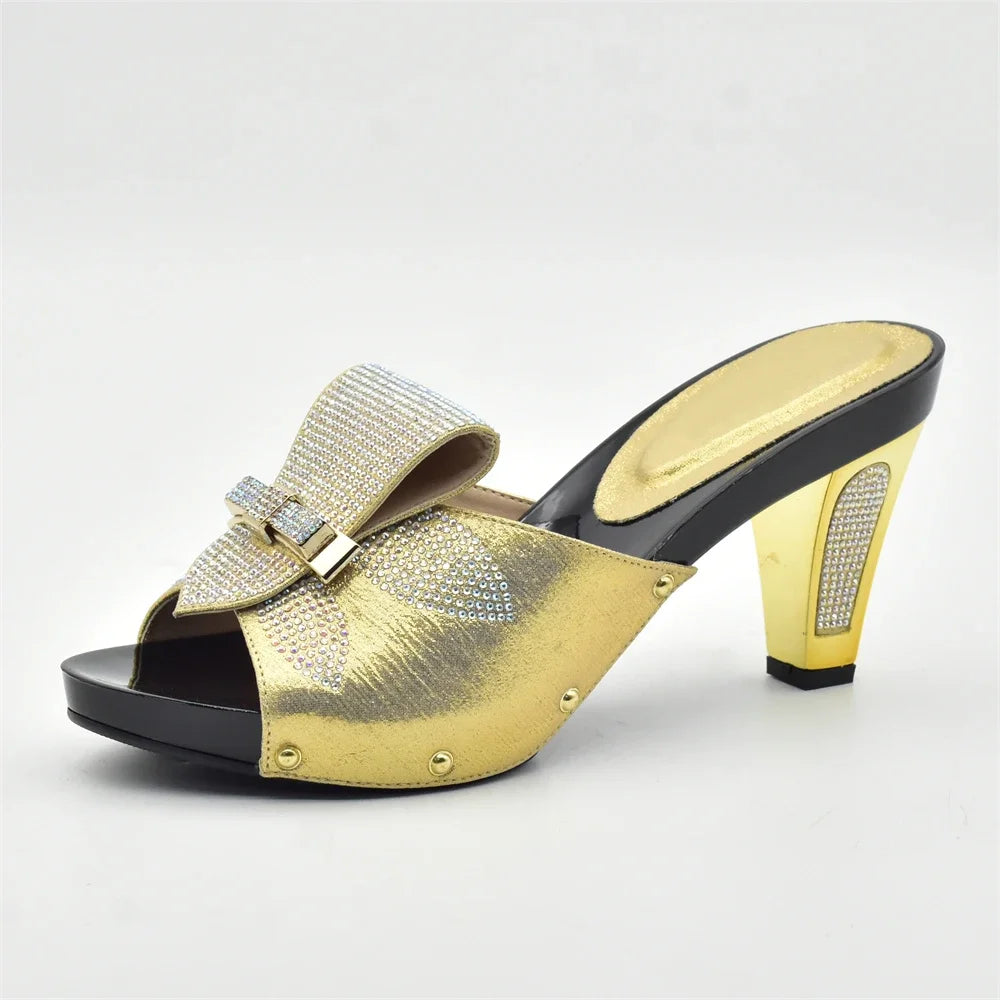 Manufacturer   Gold Color Women Slippers Shoes African Women Wedding Shoes Elegant Italian Woman Shoes with Stone High Heels Woman Summer Pumps   Pumps