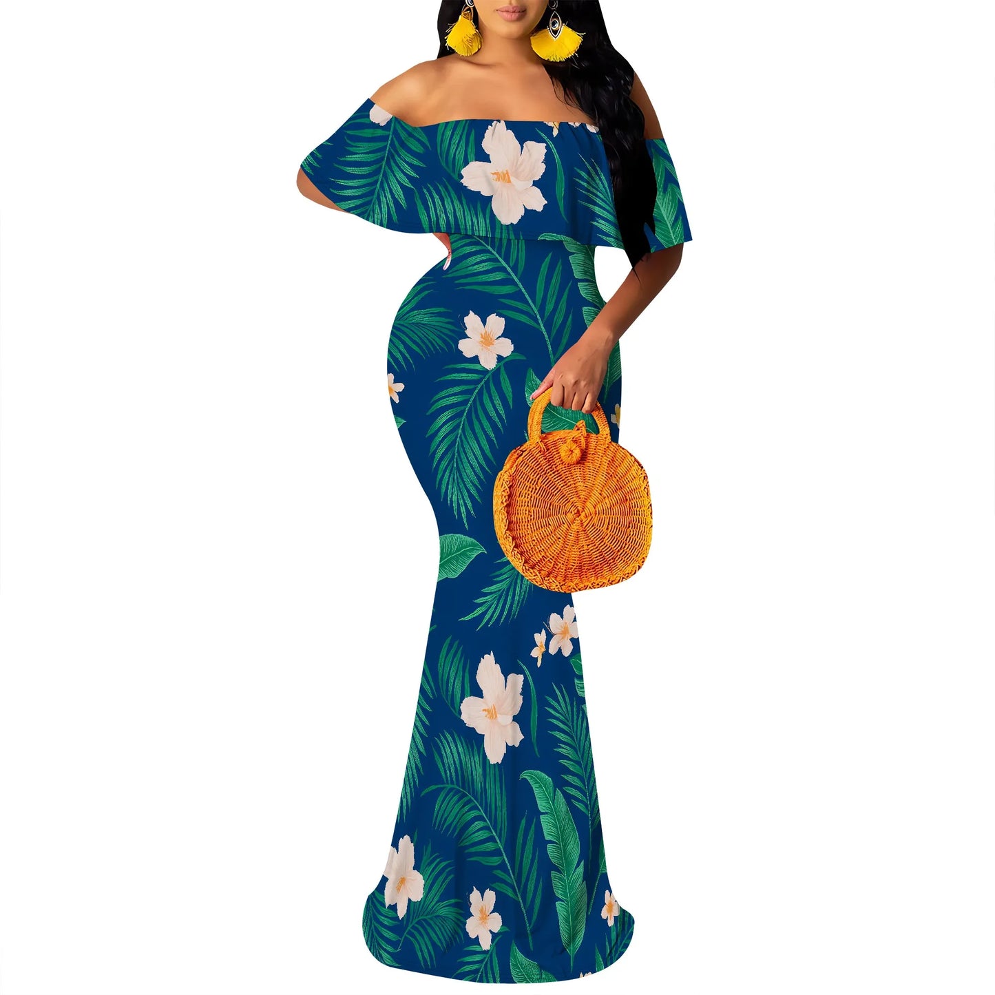 Women's Maxi Bodycon Off The Shoulder Dress Short Ruffle Sleeves Strapless Long Boho Dress Cocktail Party Wedding Dress
