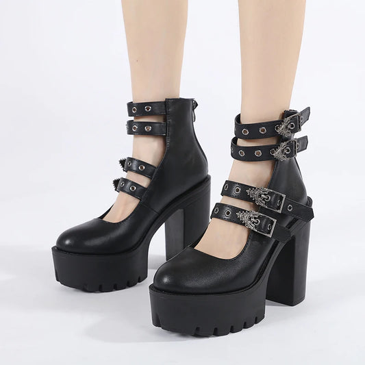Manufacturer   Gdgydh Goth Style Women Block Heels for Halloween Fashion Buckle Strap Dress Pumps Platform Mary Jane Shoes Stylish Back Zipper   Pumps