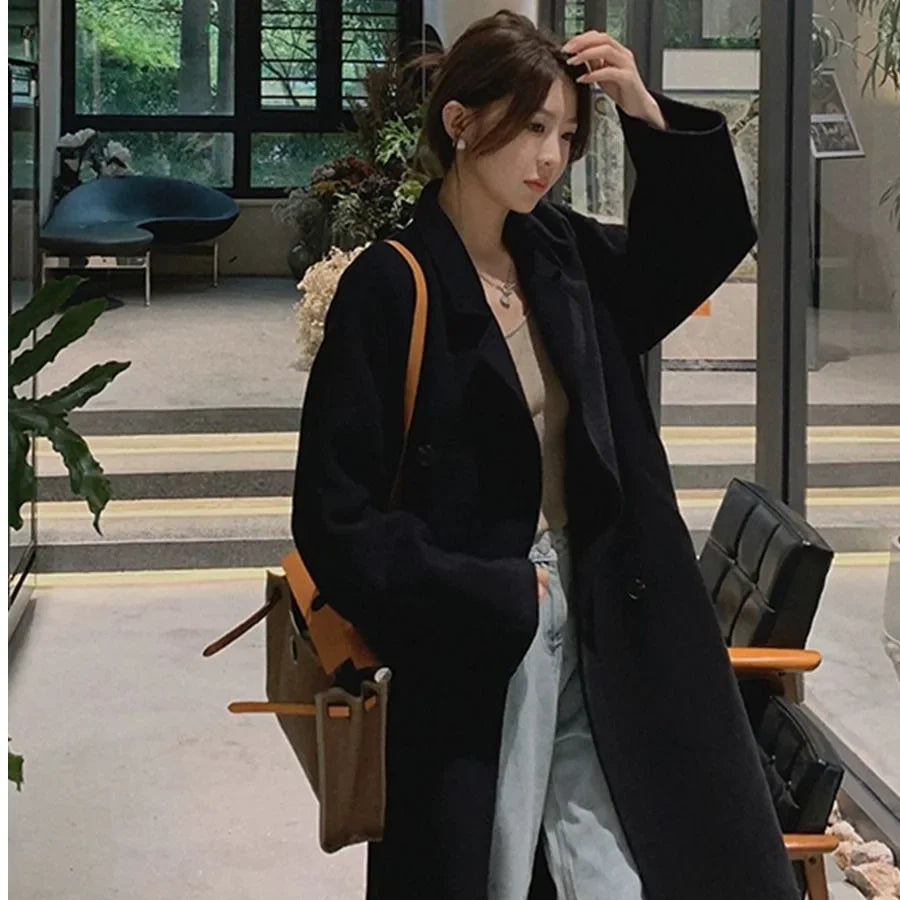 Plus Size Elegant Woolen Coat Women's Autumn Winter Knee-Length Overcoat Korean Style Hepburn Medium Length Outerwear for Women