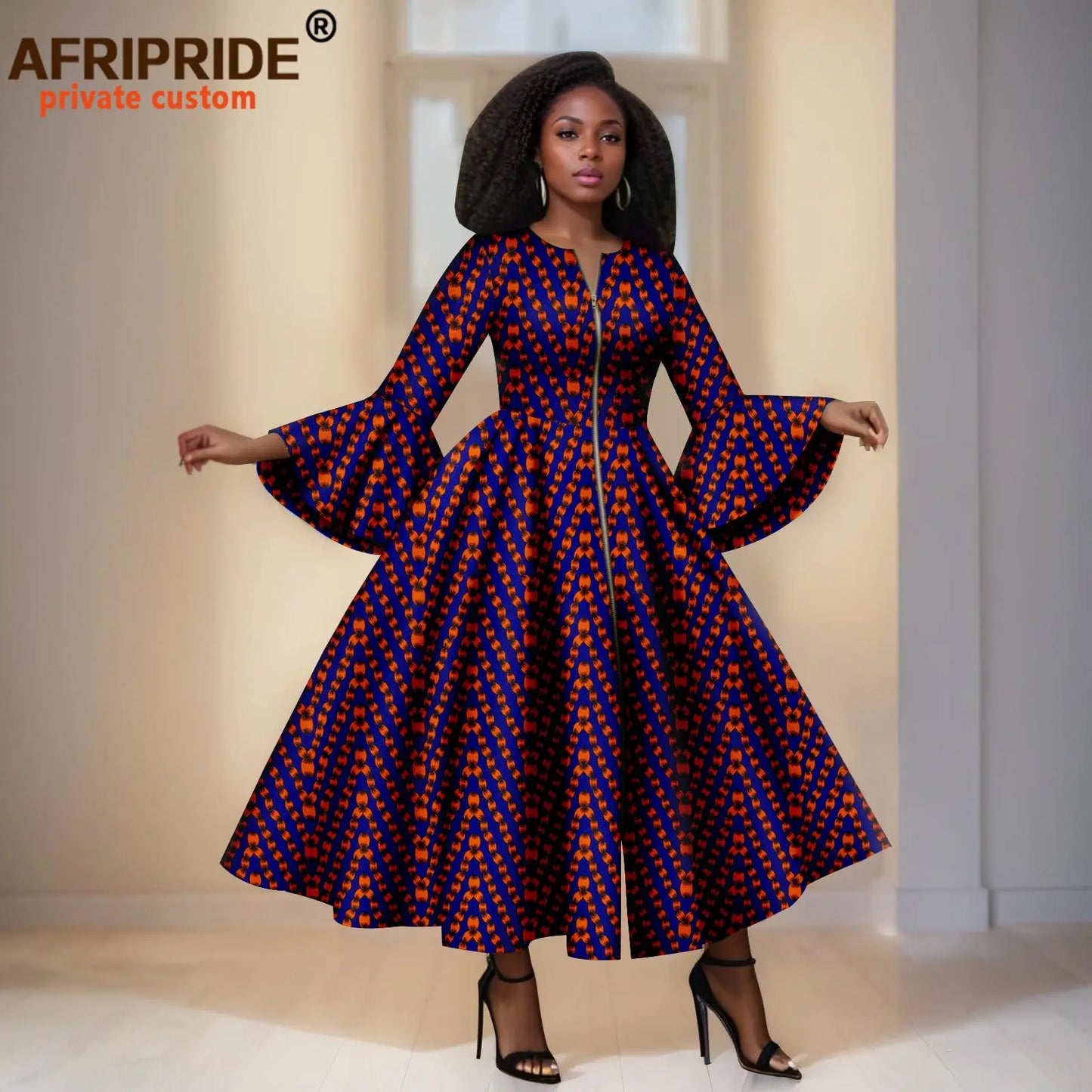 African Print Dresses for Women Flare Sleeve Elegant Zip Maxi Dress Party Attire for Lady Dashiki Long Dress