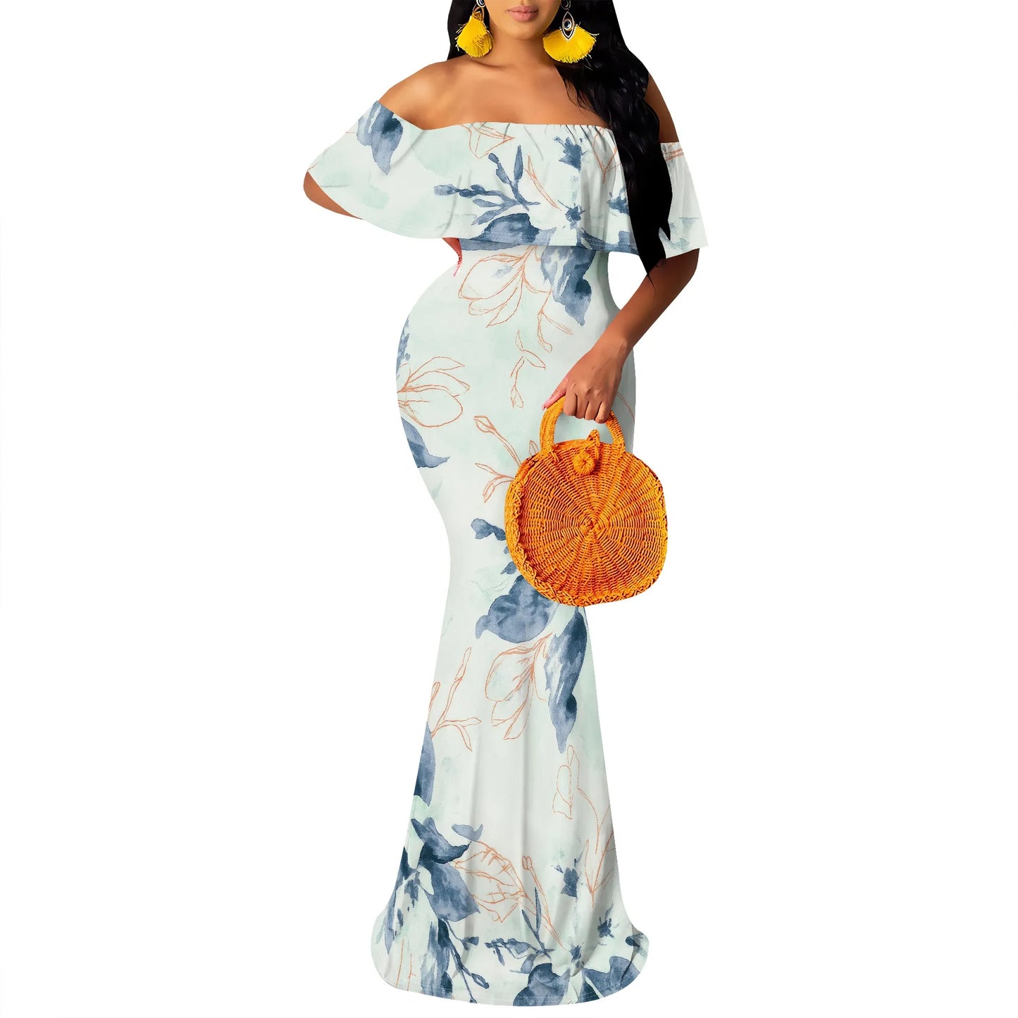 Women's Maxi Bodycon Off The Shoulder Dress Short Ruffle Sleeves Strapless Long Boho Dress Cocktail Party Wedding Dress