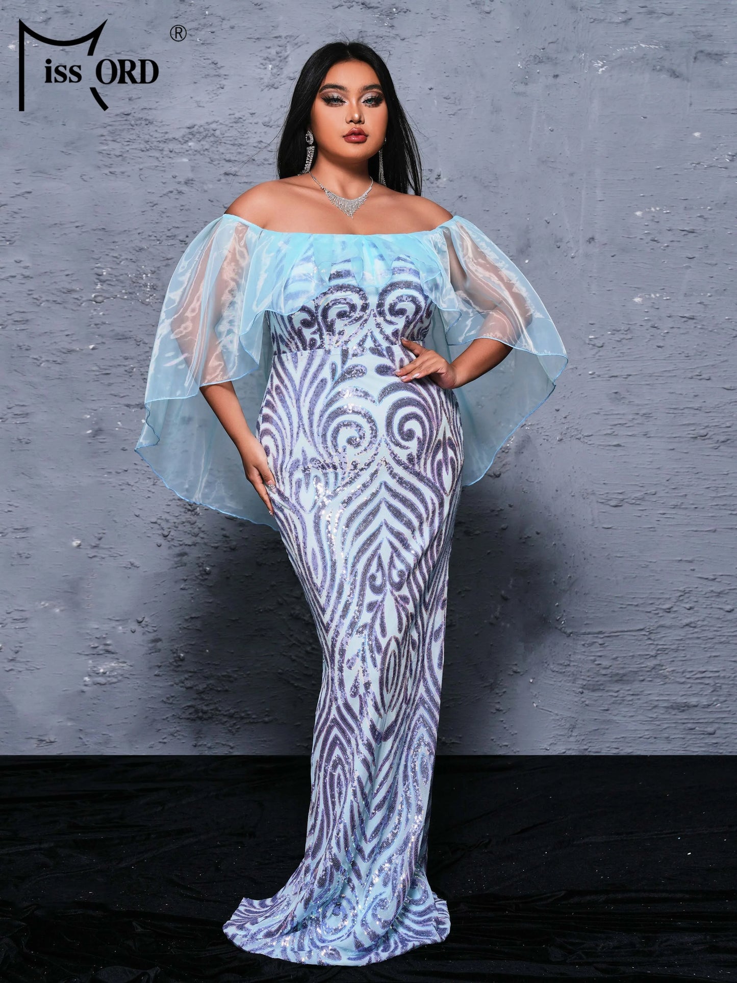 Missord New Plus Size Off Shoulder Batwing Sleeve Sequin Mermaid Evening Gown Wedding Birthday Party Prom Dress
