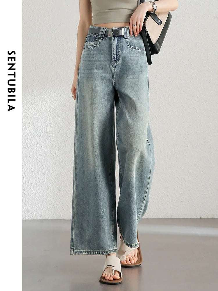 SENTUBILA Retro Washed Cotton Baggy Jeans Woman  Summer Fashion Wide Leg Denim Pant Comfort Casual Women Trousers
