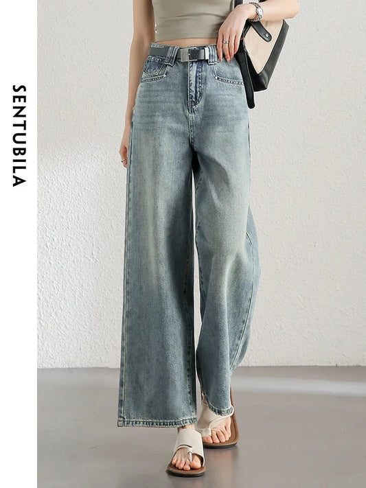 SENTUBILA Retro Washed Cotton Baggy Jeans Woman  Summer Fashion Wide Leg Denim Pant Comfort Casual Women Trousers