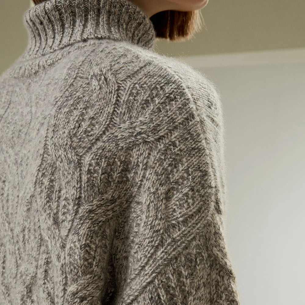 LILYSILK Women's Cable-Knit Cashmere Turtleneck Ladies Casual Dropped-shoulder Style Sweater with Ribbed Cuffs and Hem