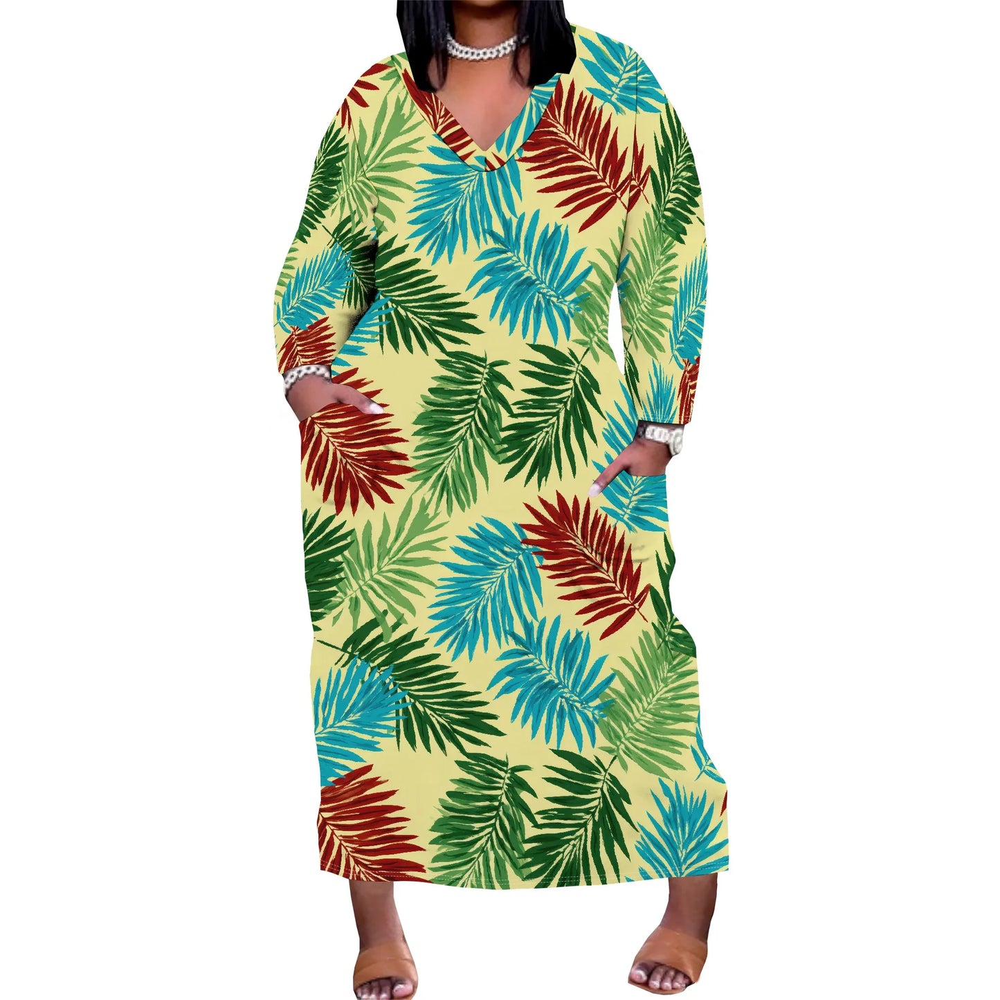 Oversized Baggy Summer Womens Print Dresses Sexy Casual T-Shirt V Neck Long Sleeve Maxi Dress with Pocket