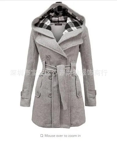 Long Plaid Hooded Coat with Belt Double Row Buttons New Hot Sale Of The Season Women's Woolen Jacket Simple Solid Color Full Sle