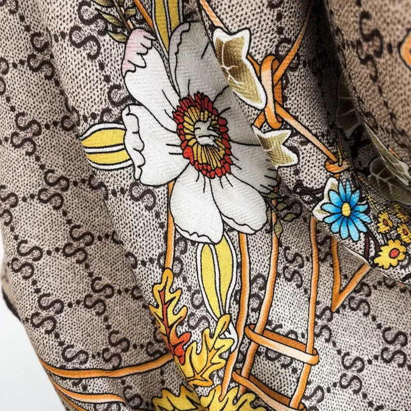 High-end Elegant Women Exquisite Flower and Bird Double Sided Print Quality Silk Wool Hand-rolled Edge Large Square Scarf Shawl