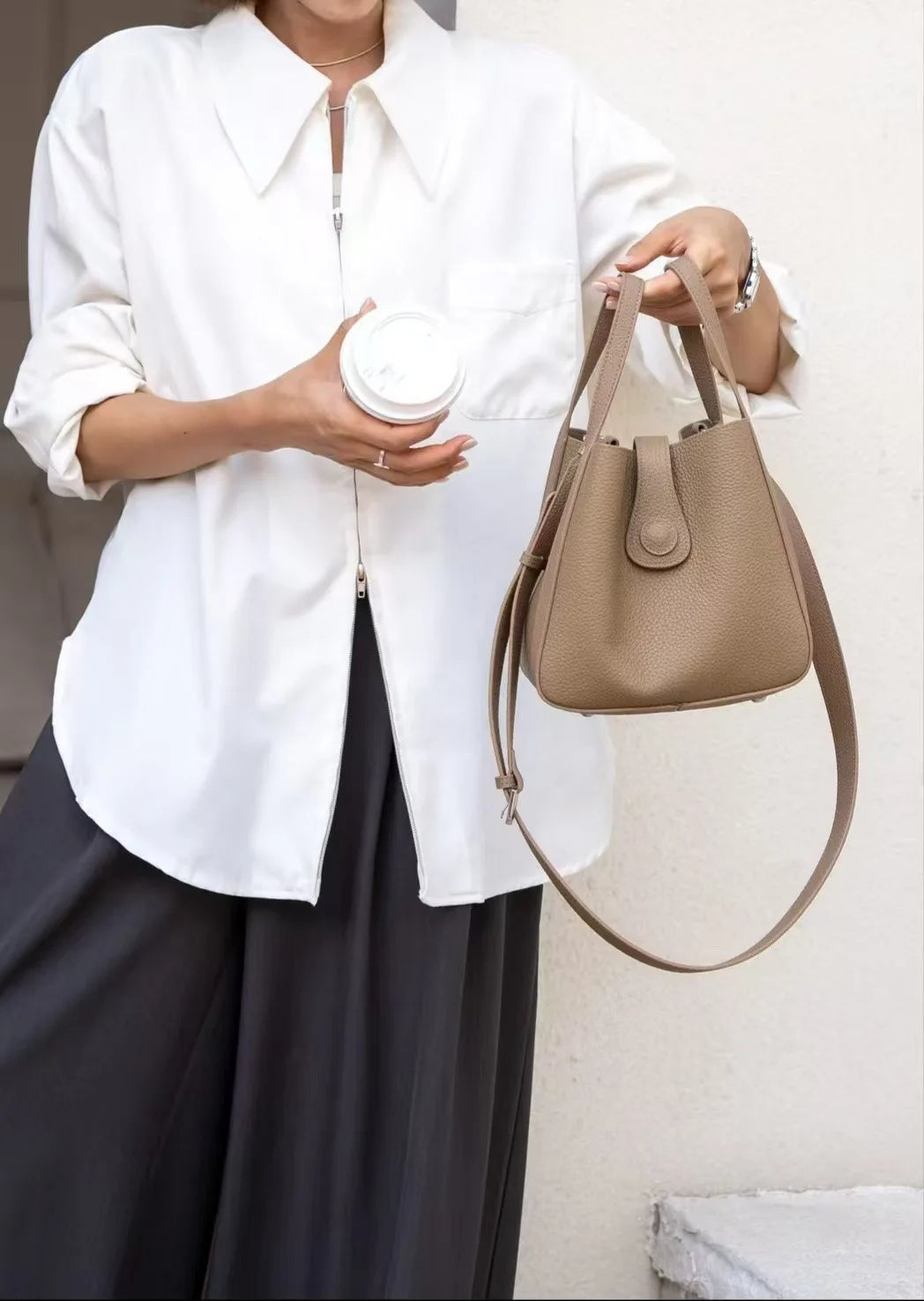 Japanese and Korean Style All-match Coffee Small Daily-use Bucket Tote Genuine Cow Leather Women Handbag Female Crossbody Bag